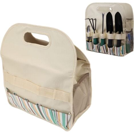 Gartenwerkzeugtasche aus 600D-Oxford-Stoff mit großem Fassungsvermögen (Beige mit farbigen Streifen)