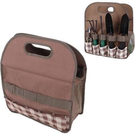 Gartenwerkzeugtasche aus 600D-Oxford-Stoff mit großem Fassungsvermögen (Braun mit Karomuster)