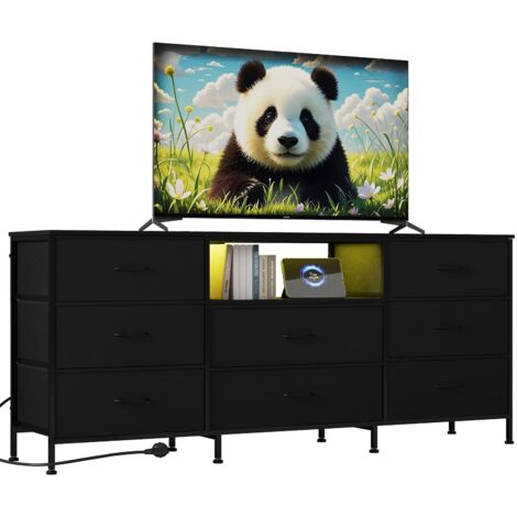 Garvee 8-Drawer TV Stand 160cm with LED Lights, Steel Frame, Black for Living Room/Bedroom