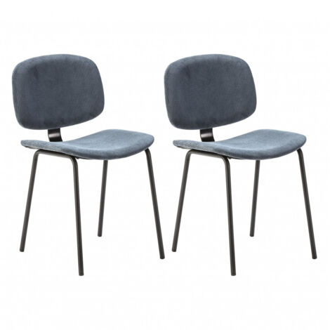 GARY - Lot de 2 Chaises en Velours Côtelé Bleu Piétement Métal Noir