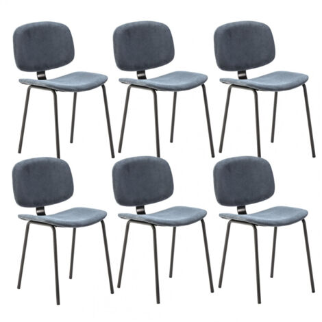 GARY - Lot de 6 Chaises en Velours Côtelé Bleu Piétement Métal Noir