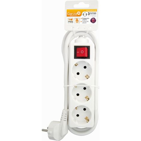 Garza Basic Power - Regleta Base múltiple con 3 tomas, interruptor, y cable de 1,5mmX1,4m Color Blanco