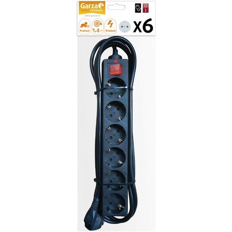 Garza Basic Power - Regleta Base múltiple con 6 tomas, interruptor y protección sobretensión Negro 1.5mmX1.5m