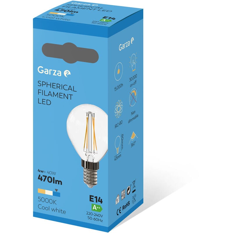 

Garza ® - Bombillas Led de Filamento Decorativa Esférica, Luz fria 5000K, Casquillo E14, 4W 470 lúmenes