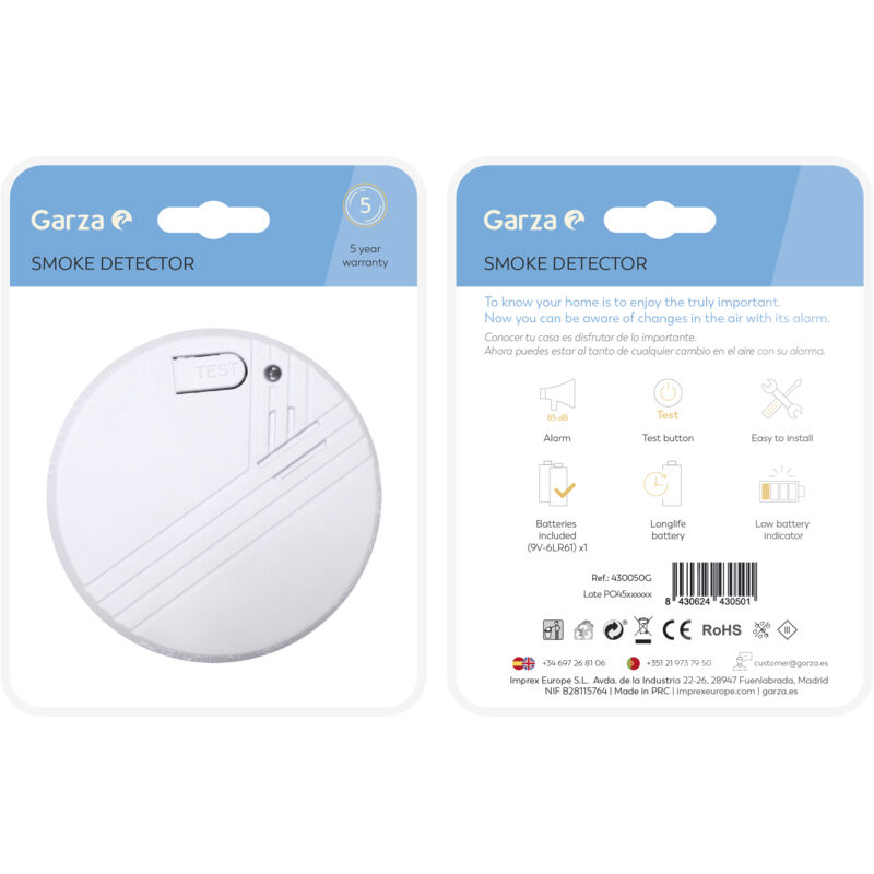 

Garza - Detector de Humo para el Hogar. Alarma de Incendios de 85dB, Blanco