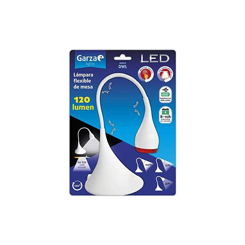 

Garza Flexo lámpara LED flexible sobremesa USB/Pilas Owl 120 lumenes