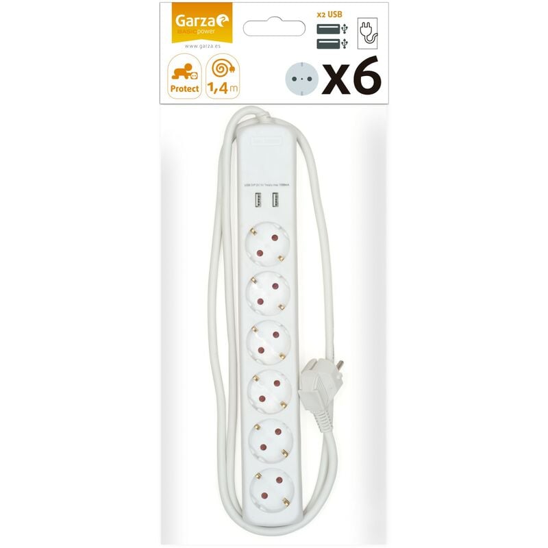 

Garza HomePower - Regleta Base múltiple con 6 tomas y 2 USB 1,5mmX1,4m Blanco