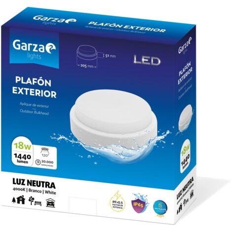 Garza Lighting Outdoor - Plafón LED Circular de Exterior, Potencia 12W, Protección contra Agua y Polvo IP54, Luz Neutra 4000K, color Blanco