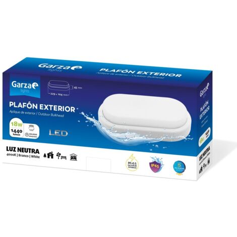 Garza Lighting Outdoor - Plafón LED Oval de Exterior, Potencia 12W, Protección contra Agua y Polvo IP54, Luz Neutra 4000K, color Blanco