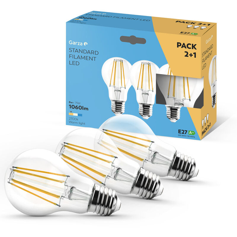 

Garza -Pack 2+1 Bombillas Led de Filamento Decorativa Estándar, Luz cálida 2700K, Casquillo E27, 8W 1060 lúmenes