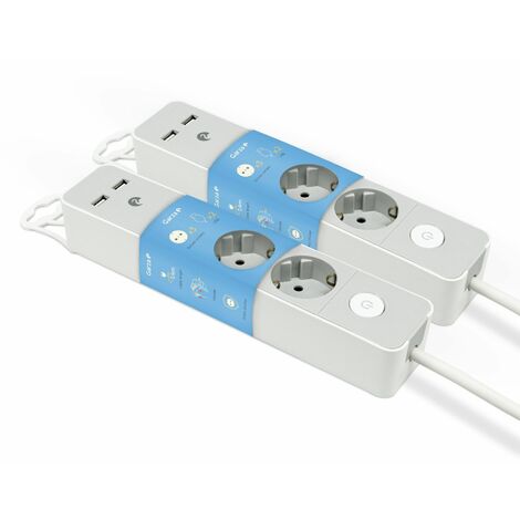 Garza -Pack 2  Regleta Design Gris con Interruptor, 3 Tomas + 2 USBs, Cable 1.4 m, Enchufe Plano, Protección Infantil