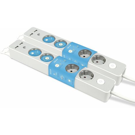 Garza -Pack 2  Regleta Design Gris con Interruptor, 5 Tomas + 2 USBs, Cable 1.4 m, Enchufe Plano, Protección Infantil