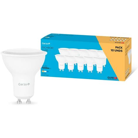 Garza - Pack de 10 Bombillas LED Dicroica GU10, 5W (equivalente a 40W de incandescencia), Luz cálida 3000K, Casquillo GU10 , Ángulo 110º, 400 lm