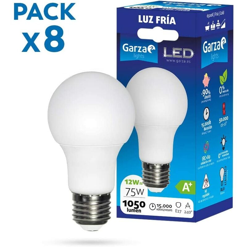 

Pack de 8 Bombillas LED de bajo consumo estandar A60 E27 de 1060LM y 12W de potencia equivalente a 75W y temperatura blanco frío 6.500K 15.000H