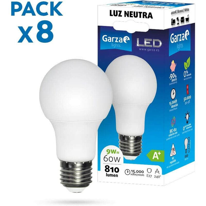 

Garza - Pack de 8 Bombillas LED de bajo consumo estandar A60 E27 de 810LM y 9W de potencia equivalente a 60W y temperatura blanco día 4.000K 15.000H