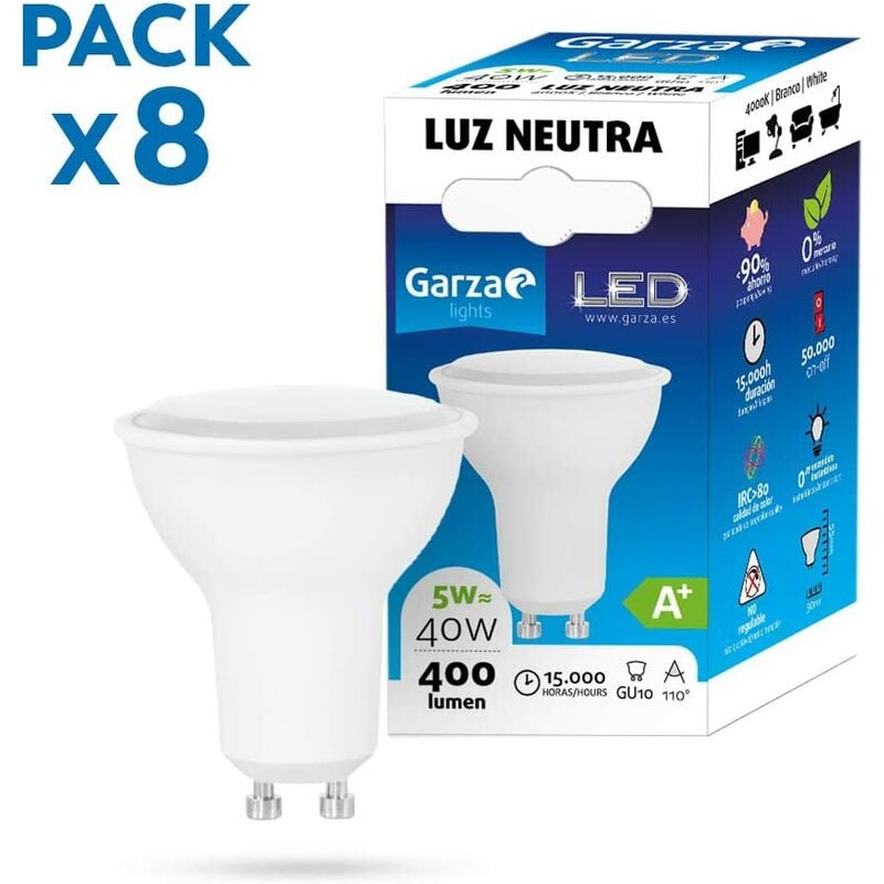 

Garza - Pack de 8 Bombillas LED de bajo consumo estandar GU10 de 400LM y 5W de potencia equivalente a 40W y temperatura blanco neutro 4.000K 15.000H