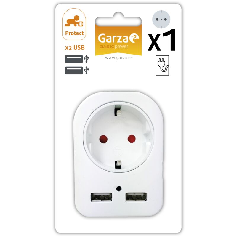 

Garza Power - Adaptador de 1 toma Schuko + 2 Conexiones USB, protección Infantil, color Blanco