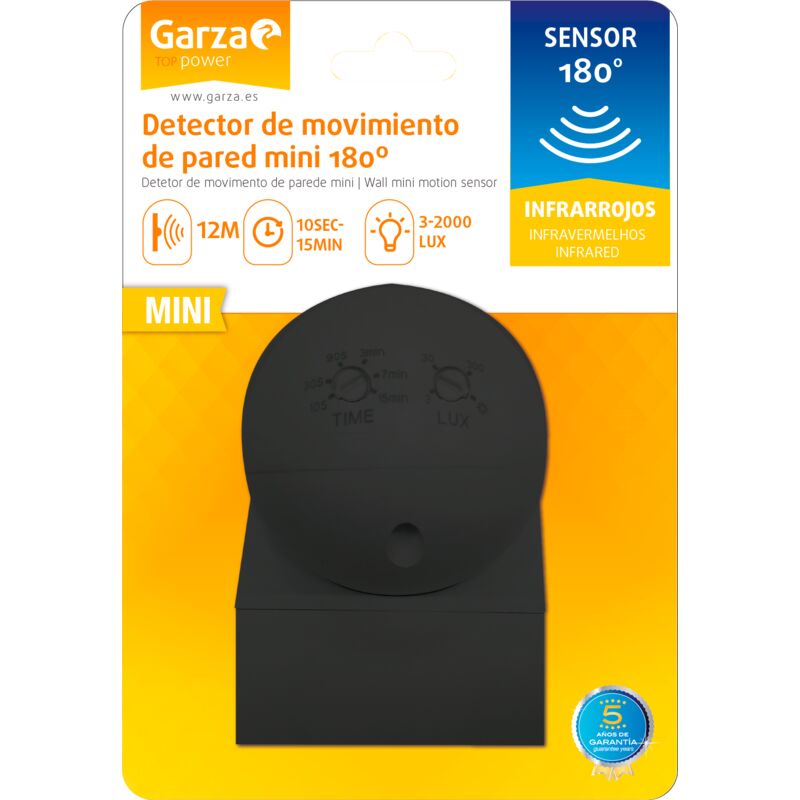 

Garza Power - Detector de Movimiento Infrarrojos Mini de Pared, uso Exterior, ángulo de Detección 180º, Negro