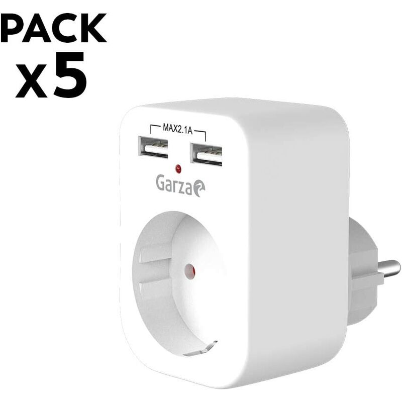 

Power - Pack de 5 Adaptadores de 1 toma Schuko + 2 Conexiones USB, protección Infantil, color Blanco - Garza