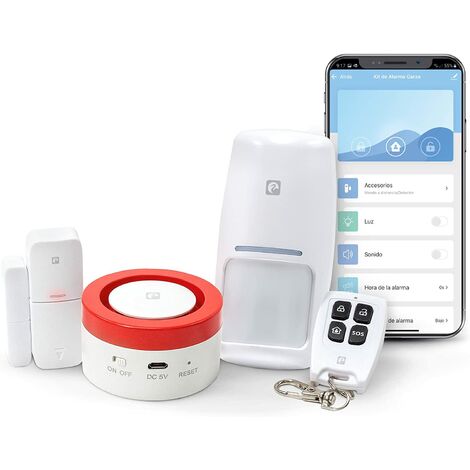 Garza Smart - Kit Sistema de Alarma Inteligente Wifi para el hogar. Sirena 120 dB, Sensor Movimiento y Apertura de Puertas/Ventanas. Wifi 2,4 GHz. Control remoto a través de app y por voz Alexa/Google