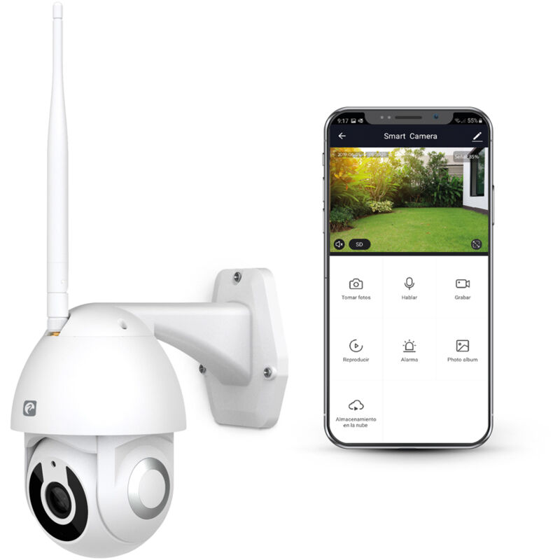 

® Smarthome - Cámara de vigilancia exterior inteligente Wifi 360°, 1080P HD, IP65 impermeable a lluvia, Visión Nocturna, Detección De Movimiento,