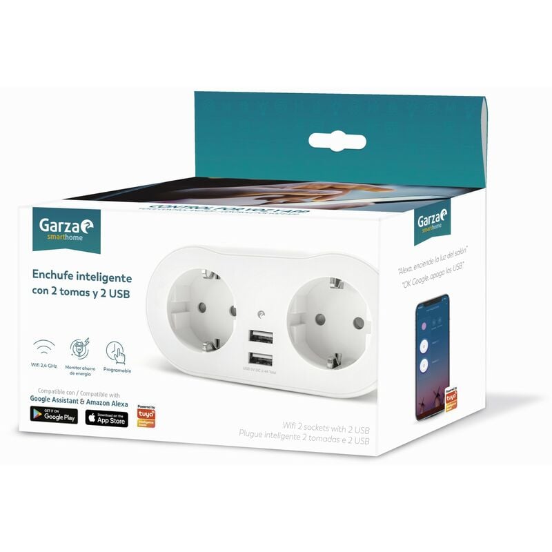 

Garza ® Smarthome - Enchufe inteligente con 2 tomas y 2 Puertos USB. Compatible con Amazon Alexa y Google Home