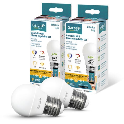Garza ® Smarthome - Pack 2 Bombillas LED Esférica Intelegente Wifi E27, luz blanca neutra regulable con cambio de intensidad y temperatura. Programable, compatible con Amazon Alexa y Google Home.