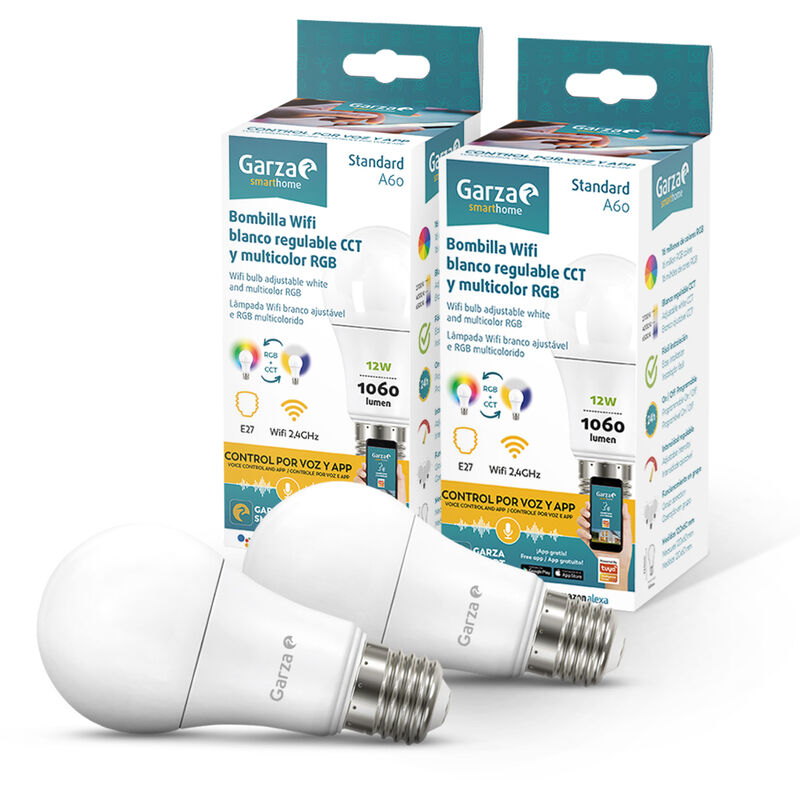 

® Smarthome - Pack 2 Bombillas LED Estandar Intelegente Wifi E27, luz blanca neutra regulable con cambio de intensidad, temperatura y color.