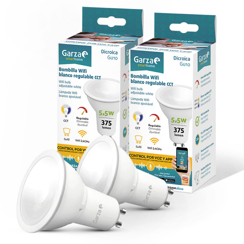 

Garza ® Smarthome - Pack 2 Bombillas LED GU10 Intelegente Wifi, luz blanca neutra regulable con cambio de intensidad y temperatura. Programable,