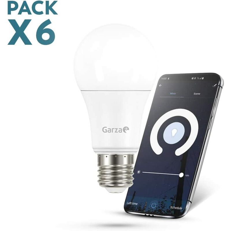 

Garza Smarthome -Pack 6 Bombillas LED WiFi 9w 810 lm Estandar E27 inteligente y programable, cambio de Intensidad, control por voz y app, Alexa, iOS,