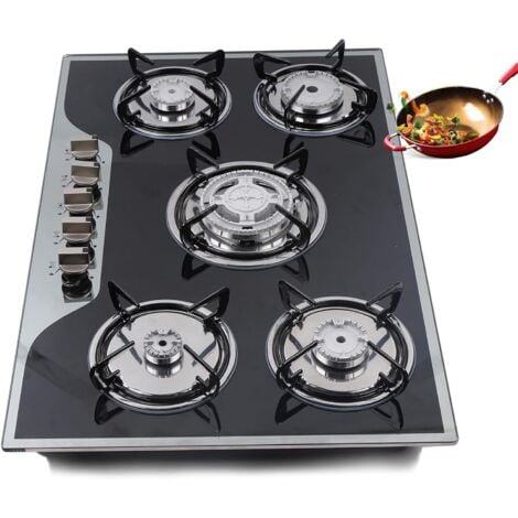 CNCEST Gas Cooker, 5 Burners Built In Gas Hob, Black Tempered Glass Hob Cooktop, Stainless Steel Glass Top Kitchen Stoves Cooker Gas Burners 5 Ring Campervan Cooktops Gas Cookers, NG/LPG Convertible