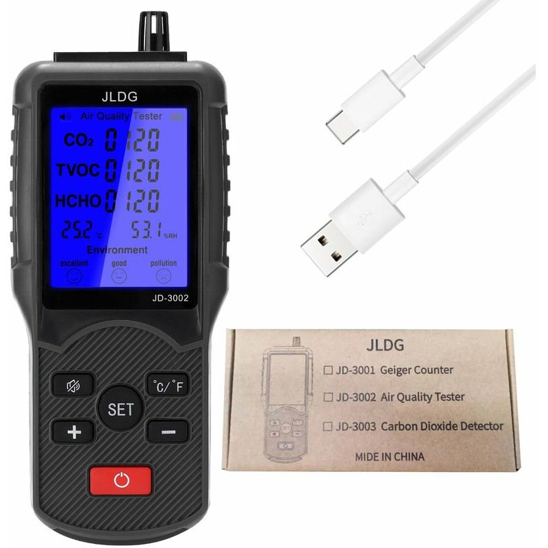 Gas Detector Air Quality Detector JD-3002 CO2 tvoc Multi-Function Detector Temperature and Humidity Monitor with Battery, usb Cable, German Manual,