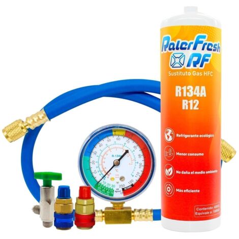 Gas Refrigerante Ralerfresh RF para aire acondicionado, sustituto del gas R12 y R134A mas manometro con manguera y conectores