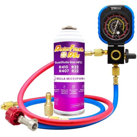 Gas refrigerante Ralerfresh RSs Compacto sustituto de los gases R410, R32, R407 y R22 mas manómetro, mangueras y adaptador