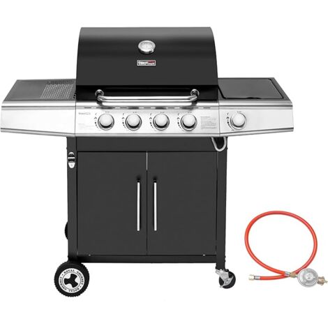 Gasgrill 4+1 Brenner Grillwagen mit automatischer Zündung,integriertem Thermometer und Unterschrank Edelstahl Brenner mit 14,5 kW Camping Gasgrill für Outdoor Barbecue Schwarz Royal Gourmet