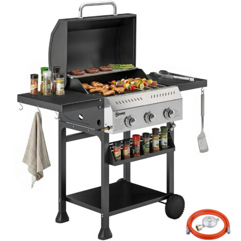 Gasgrill 9 KW 3 Brenner BBQ Grillwagen Edelstahl inkl klappbar Seitentisch Gewürzhalter Unterregal 6 Haken