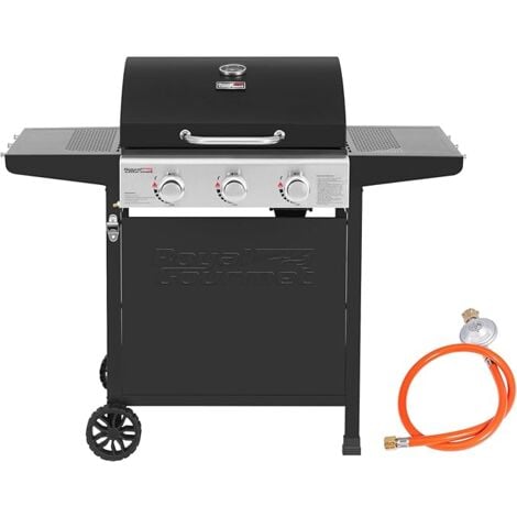 Gasgrill Grillwagen 3 Brenner 9 kW Camping Gaskocher mit Kochplatte, Gartengrill mit Flaschenöffner, Druckminderer und Gasschlauch Grillrost ca. 60 x 42 cm Schwarz Royal Gourmet