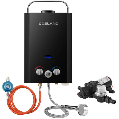 GASLAND BE158BP60 Chauffe-eau à Gaz propane/butane de 6L/min, Chauffe-eau instantanés au gaz Noir 11KW - 30/37mbar - Avec Pompe à Eau