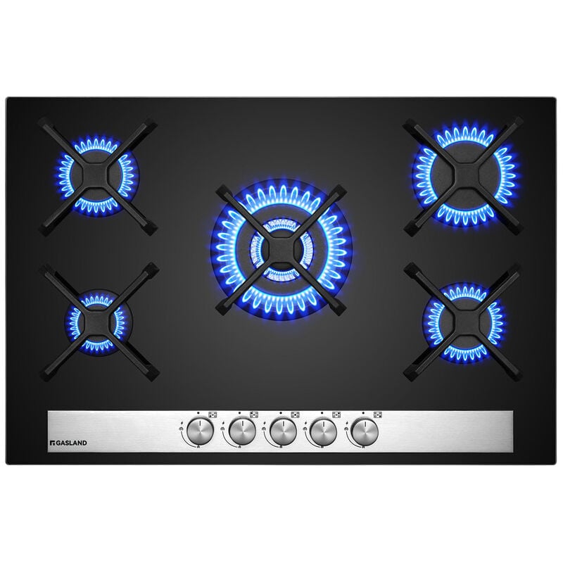 Gasland Chef - gasland Plaque de Cuisson à Gaz Naturel/Butane/Propane encastrée, Surface en verre trempé & Grilles en fonte émaillée - GH6805BG1FC