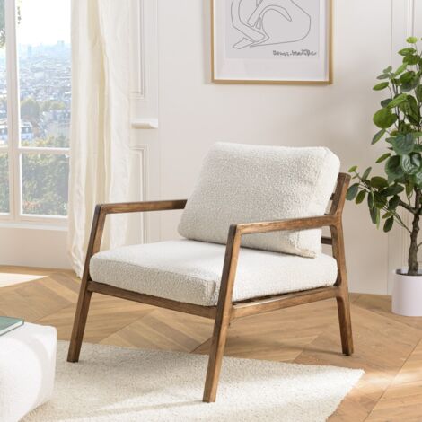 GASTON - Fauteuil en tissu bouclette, accoudoirs en bois blanc