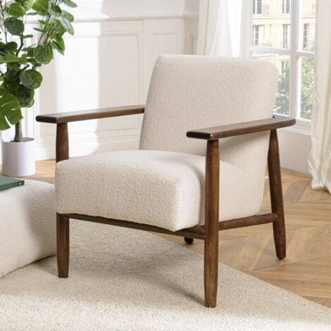 GASTON - Fauteuil tissu bouclette blanc structure en bois