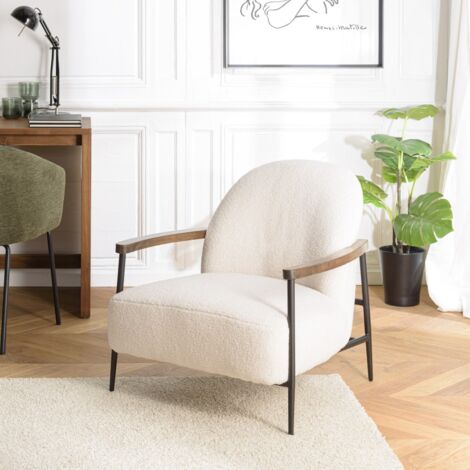 GASTON - Fauteuil tissu bouclette blanc structure métallique