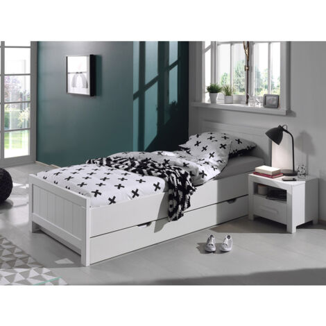 GASTON - Pack Lit 90x200cm + Chevet 1 Tiroir Laqués Blanc