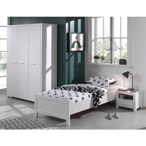 GASTON - Pack Lit 90x200cm + Chevet + Armoire 3 Portes