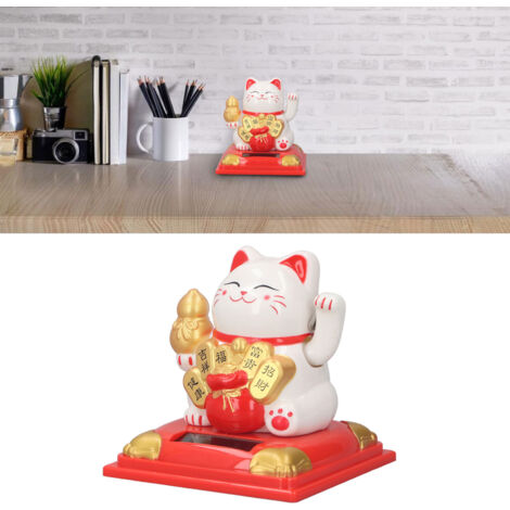 Gato de la suerte con brazo de plástico móvil, alimentado por energía solar – para oficina, escritorio, restaurante, coche – Modelo 335A, Blanco