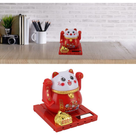 Gato de la suerte con energía solar, gato de la suerte con brazos móviles, decoración de escritorio de plástico rojo para el hogar y la oficina.