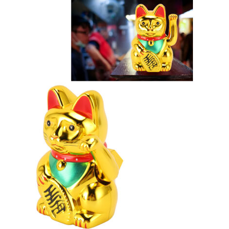 Gato de la suerte Maneki-Neko Gold MLY23056 (10 cm) con energía solar, figura Feng Shui con brazo articulado para decoración del hogar/coche.