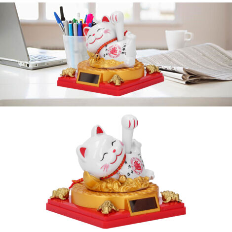 Gato de la Suerte Solar – Estatua de gato de la suerte con brazos que se mueven y panel solar – Decoración para el hogar, la oficina o el salpicadero