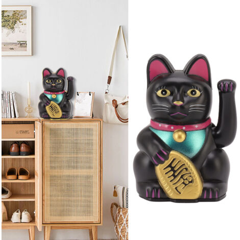Gato negro de la suerte, 10 cm, fabricado en plástico con mecanismo automático – Figura decorativa y regalo para la oficina.