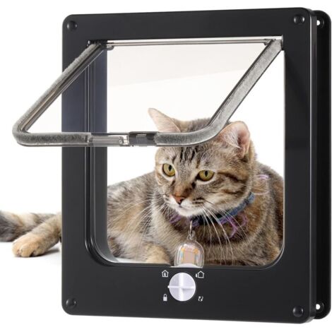 Gattaiola - Sportello di sicurezza silenzioso per animali domestici con chiusura a 4 vie - Gattaiola resistente alle intemperie - Per uso interno ed esterno - Realizzata in legno UPVC (nero, L)